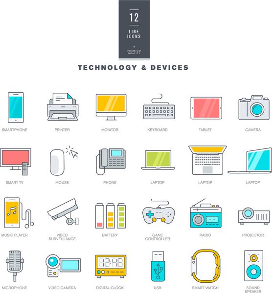 مجموعه ای از خط نمادهای رنگی مدرن برای فناوری و دستگاه ها