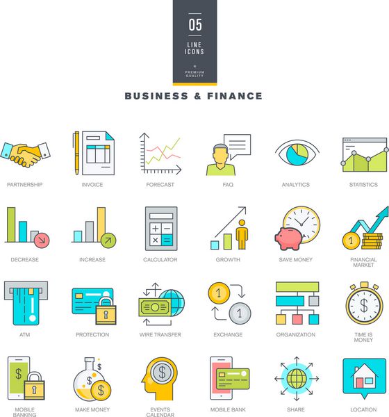 مجموعه ای از خطوط نمادهای رنگی مدرن برای تجارت و امور مالی