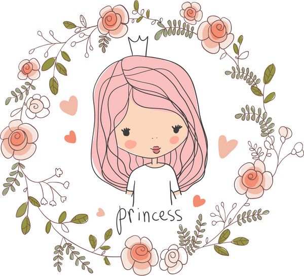 شاهزاده خانم کوچک ناز وکتور کارت کودکانه در گل های زیبا