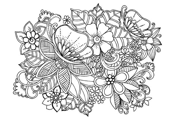 حیات وحش گرمسیری گل ها و پروانه ها در پس زمینه سفید در خطوط سیاه تصویر گل ابله برای کتاب رنگ آمیزی و ایده های طرح