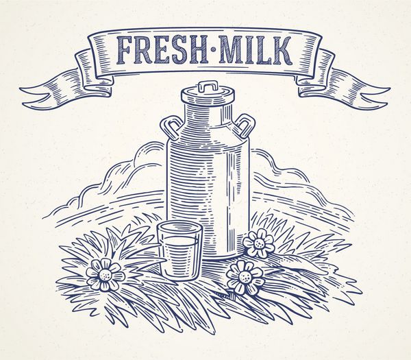 قوطی شیر و لیوان شیر تصویرسازی به سبک گرافیکی