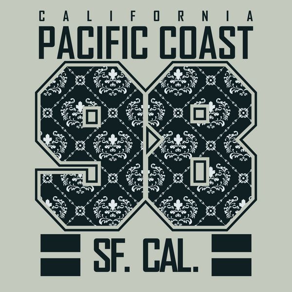 تایپوگرافی مد تی شرت کالیفرنیا طراحی نشان ورزشی شماره با تزئینات گلدار برچسب چاپ گرافیکی سان فرانسیسکو - وکتور