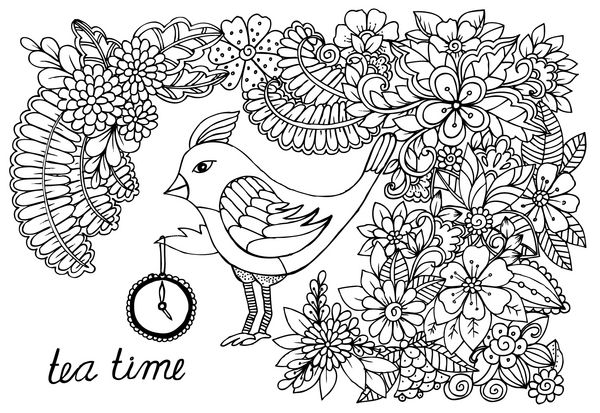 طراحی دستی پرنده و الگوی گل ابله زمان برای چای ساعت 5 وقت چای است