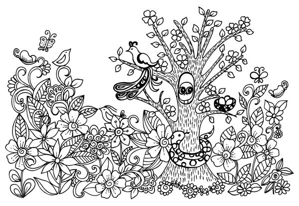 نقاشی ابله از جنگل جادویی وکتور با حیوانات وحشی و الگوی گل