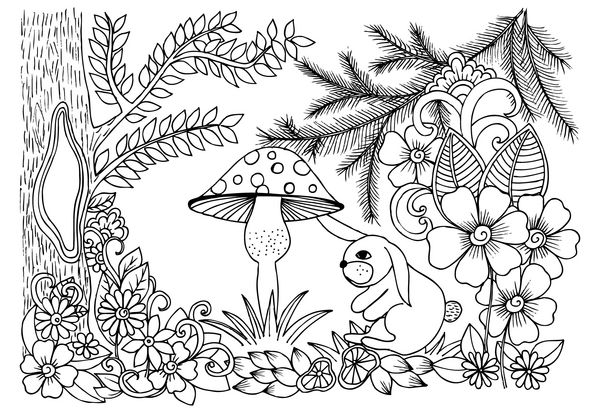 جنگل جادویی سیاه و سفید تصویر گل ابله برای کتاب رنگ آمیزی