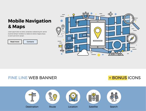 طراحی خط مسطح قالب بنر وب با نمادهای طرح کلی سیستم GPS ناوبری موبایل ردیابی مکان نقشه و یافتن راه درست مفهوم وکتور مدرن برای وب سایت یا اینفوگرافیک
