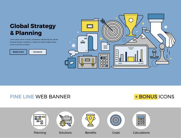 طراحی خط تخت قالب بنر وب با نمادهای کلی استراتژی کسب و کار جهانی برنامه ریزی بازار موفقیت و ماموریت شرکتی مفهوم وکتور مدرن برای وب سایت یا اینفوگرافیک