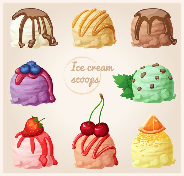 مجموعه ای از آیکون های کارتونی اسکوپ بستنی با چاشنی ها و طعم های مختلف وانیل با شربت شکلات کرم برولی با کارامل نعنا با چیپس شکلات توت فرنگی گیلاس پرتقال