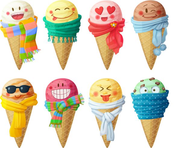مجموعه ای از آیکون های وکتور کارتونی شخصیت های قاشق بستنی