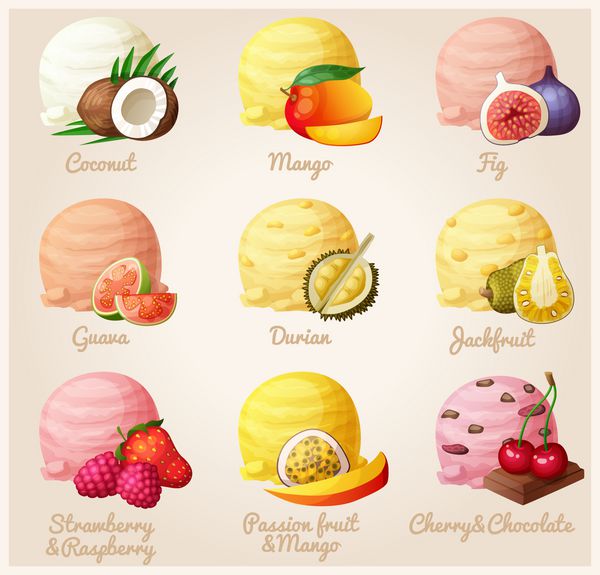 مجموعه ای از آیکون های وکتور کارتونی اسکوپ بستنی با طعم های مختلف میوه و توت نارگیل انبه انجیر گواوا دوریان جک فروت توت فرنگی انبه میوه شور گیلاس شکلات قسمت 3