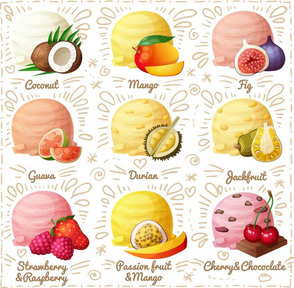 مجموعه ای از آیکون های وکتور کارتونی جدا شده در پس زمینه سفید اسکوپ بستنی با طعم های مختلف میوه و توت نارگیل انبه انجیر گواوا دوریان جک فروت توت فرنگی تمشک شکلات