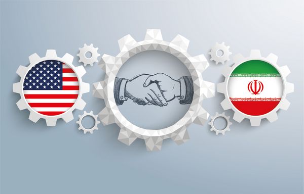 پرچم ایالات متحده آمریکا و ایران با دست دادن در پس زمینه خاکستری فایل وکتور