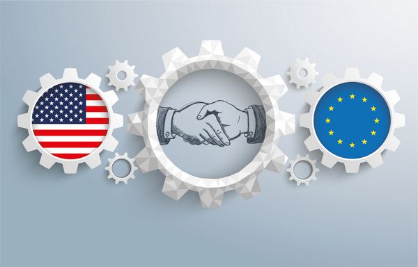 پرچم ایالات متحده آمریکا و اتحادیه اروپا با دست دادن در پس زمینه خاکستری فایل وکتور