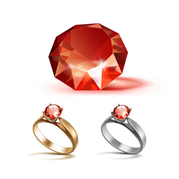 مجموعه وکتور حلقه نامزدی طلا و نقره با الماس شفاف قرمز براق و جدا شده روی پس زمینه سفید