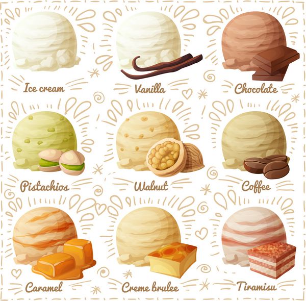 مجموعه ای از آیکون های وکتور کارتونی جدا شده در پس زمینه سفید اسکوپ بستنی با طعم های مختلف وانیل شکلات پسته گردو قهوه کارامل کرم بروله تیرامیسو قسمت 1