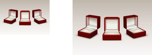 مجموعه وکتور جعبه های جواهرات خالی قرمز و سفید مخملی باز شده از نزدیک جدا شده در پس زمینه سفید