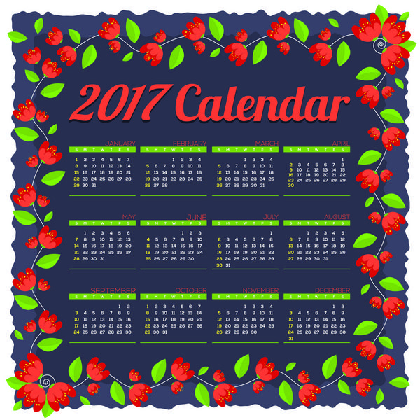 تقویم قابل چاپ 2017 یکشنبه شروع می شود حاشیه گل های قرمز روی وکتور پس زمینه آبی تیره