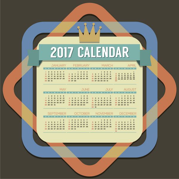 وکتور وکتور 12 ماهه تقویم قابل چاپ 2017 یکشنبه شروع می شود