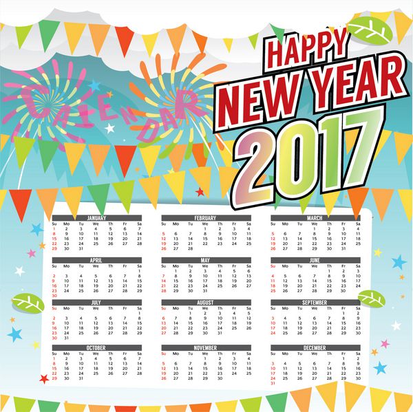 وکتور وکتور سال نو مبارک 2017 تقویم قابل چاپ یکشنبه شروع می شود