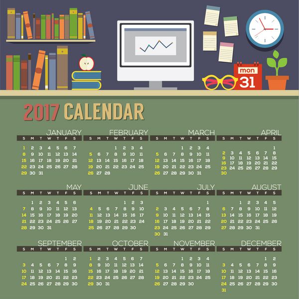 طراحی مسطح worksp 2017 تقویم قابل چاپ شروع یکشنبه وکتور وکتور