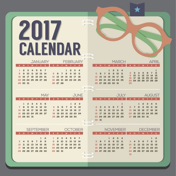 وکتور وکتور عینک طرح تخت در نوت بوک 2017 تقویم قابل چاپ شروع یکشنبه