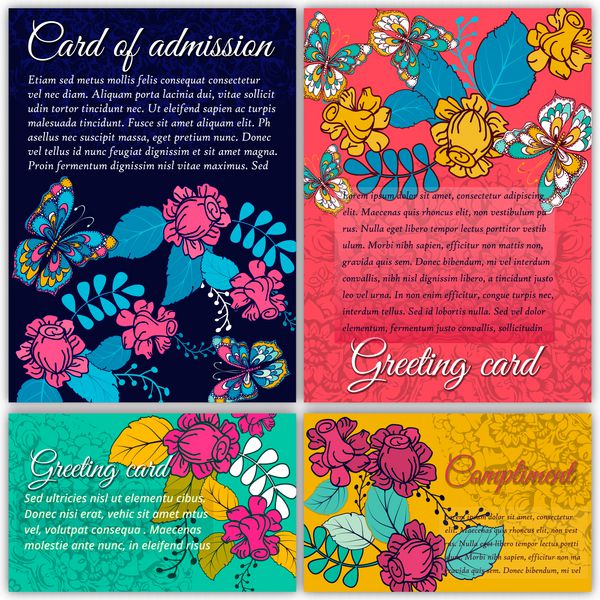 مجموعه کارت های وکتور تبریک در زمینه تزئین شده الگوی پروانه ها و گل ها بروشور گواهی هدیه دعوت نامه مهمانی