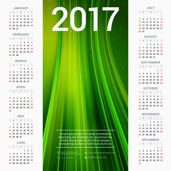 تقویم سال 2017 طرح وکتور قالب لوازم التحریر هفته از یکشنبه شروع می شود وکتور رنگی به سبک مسطح الگوی تقویم سالانه