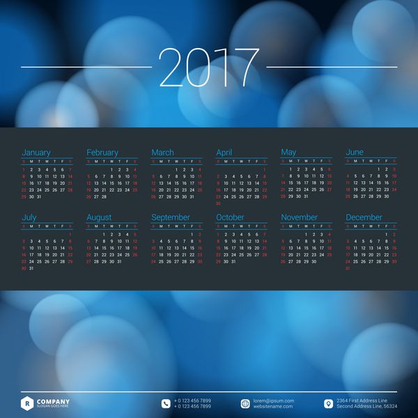 تقویم سال 2017 طرح وکتور قالب لوازم التحریر هفته از یکشنبه شروع می شود وکتور رنگی به سبک مسطح الگوی تقویم سالانه