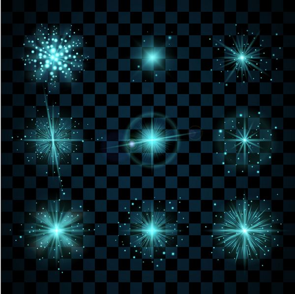 ستاره های آبی می درخشند با زرق و برق مجموعه آیکون های درخشان اثر چشمک تابش خیره کننده علامت عنصر سوسوزن عناصر طراحی در پس زمینه شفاف قالب متنوع وکتور