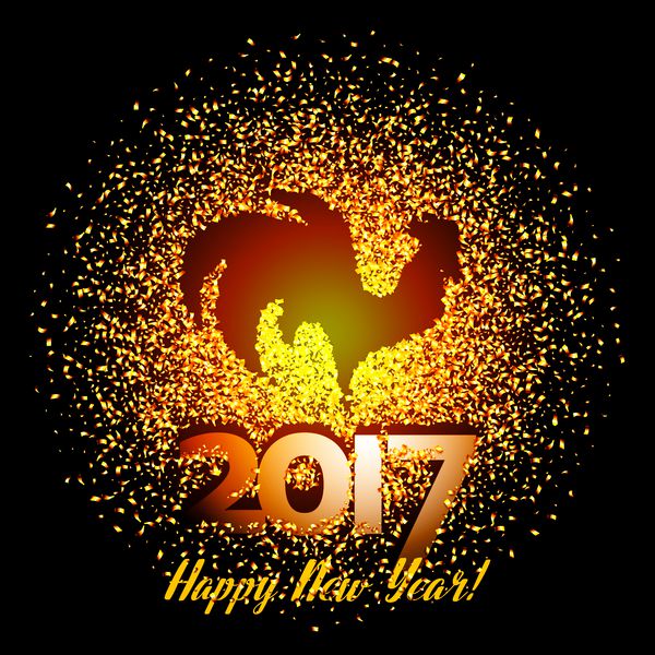 پس زمینه سال نو مبارک 2017 با شبح خروس براق طلایی کارت تبریک سال نو وکتور