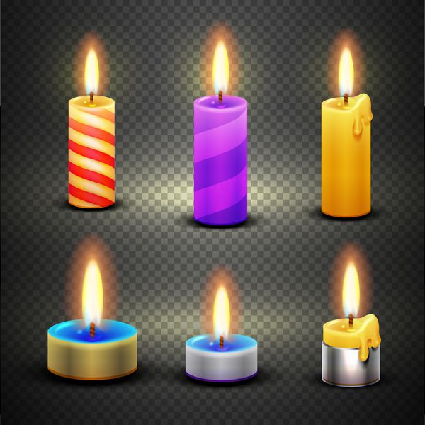 شمع های مختلف با شعله برای جشن تولد و کریسمس مجموعه وکتور جدا شده بر روی تصویر پس زمینه شفاف شطرنجی