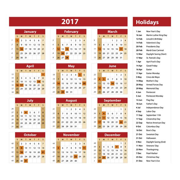 تقویم ساده 2017 با تعطیلات رسمی ایالات متحده آمریکا مشخص شده است هفته از یکشنبه شروع می شود هنر