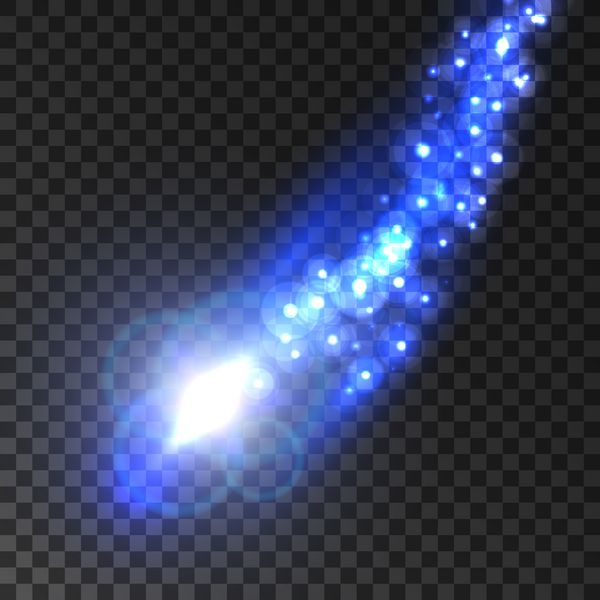 ستاره تیرانداز یا دنباله دار با دنباله درخشان آبی از نورهای درخشان جرقه ها و شراره ها جلوه های نور در پس زمینه شفاف برای طراحی هنری