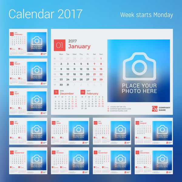 تقویم سال 2017 قالب چاپ طرح وکتور با pl برای po هفته از دوشنبه شروع می شود مجموعه ای از 12 صفحه تقویم طراحی لوازم التحریر