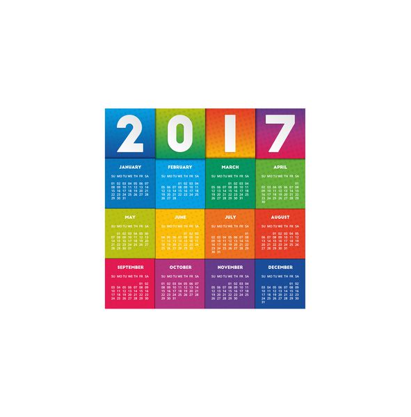 طراحی تقویم رنگارنگ 2017 هفته از یکشنبه شروع می شود