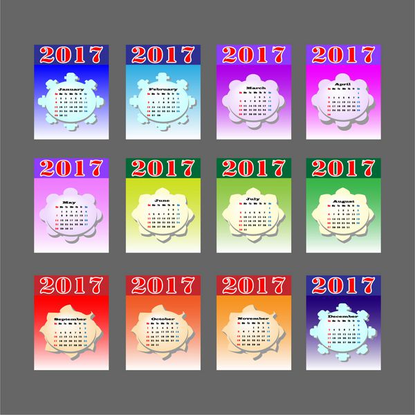 نمادهای تقویم 2017 برای برنامه های تلفن همراه و وب سایت ها جلد برای یک نوت بوک کوچک برای هر ماه وکتور