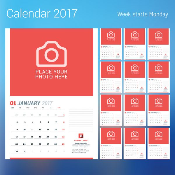 تقویم سال 2017 قالب چاپ طرح وکتور با pl برای po هفته از دوشنبه شروع می شود مجموعه ای از 12 صفحه تقویم طراحی لوازم التحریر