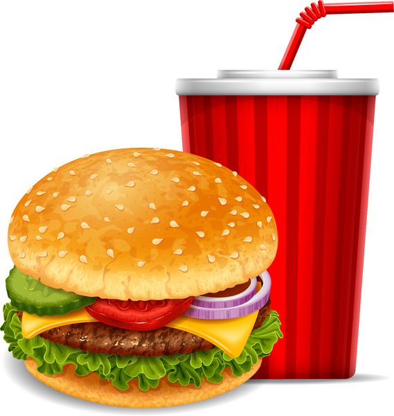 همبرگر بزرگ خوشمزه با نوشابه در لیوان کاغذی میان وعده دوست داشتنی وکتور واقعی جدا شده در زمینه سفید