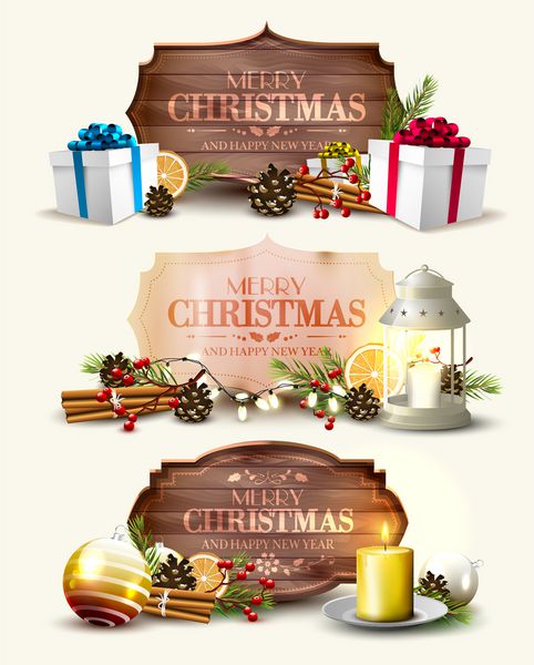 مجموعه وکتور سه سربرگ کریسمس با تزئینات سنتی و برچسب های چوبی یا کاغذی قدیمی