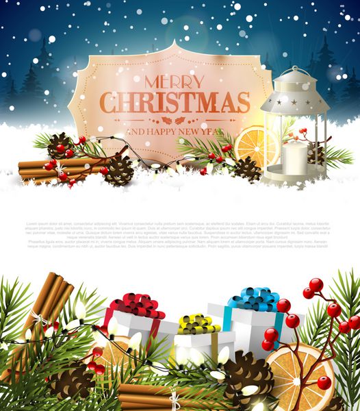 کارت تبریک کریسمس با تزئینات سنتی و برچسب کاغذی قدیمی در زمینه سفید