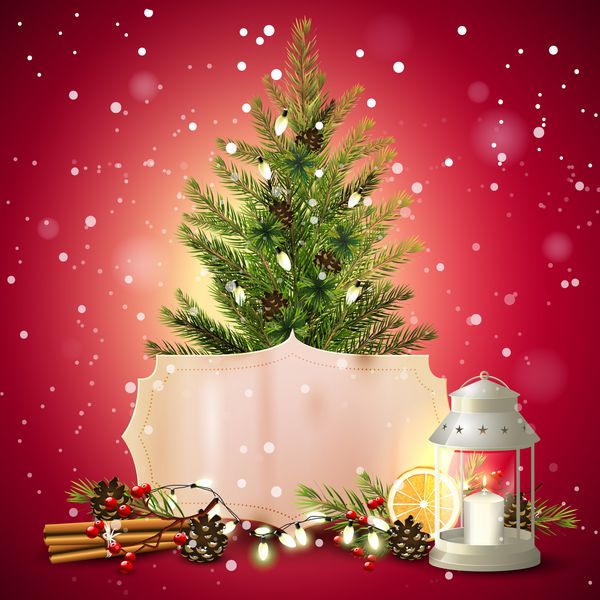 کارت تبریک کریسمس با درخت کریسمس فانوس و تزئینات سنتی در زمینه قرمز
