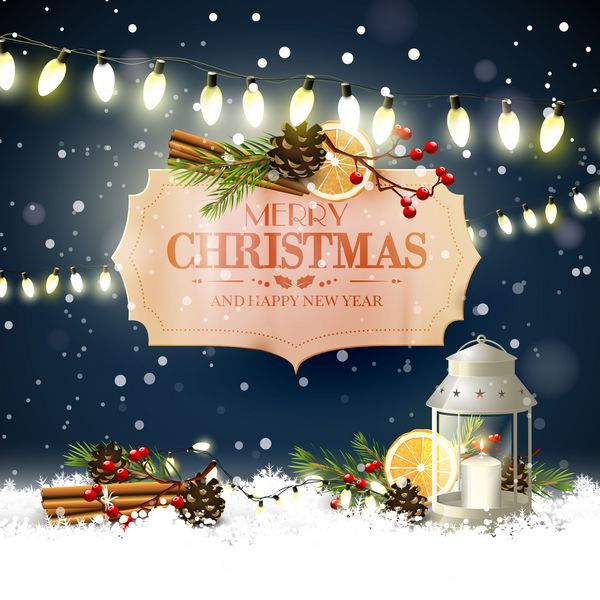 کارت تبریک کریسمس با تزئینات سنتی در مقابل چشم انداز زمستانی