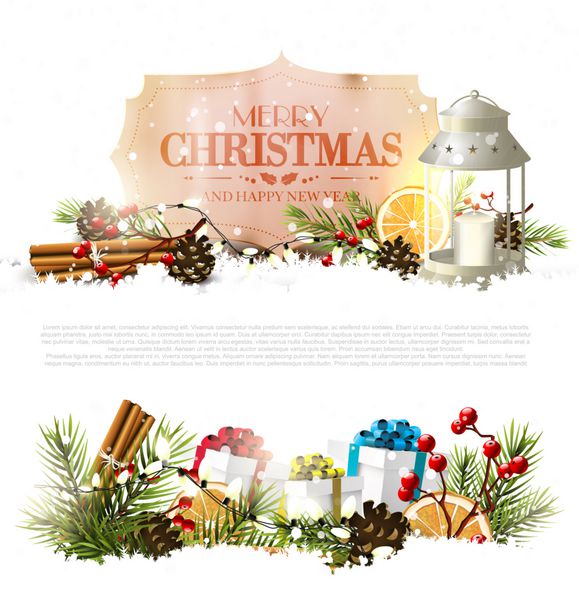 کارت تبریک کریسمس با تزئینات سنتی و برچسب کاغذی قدیمی در زمینه سفید