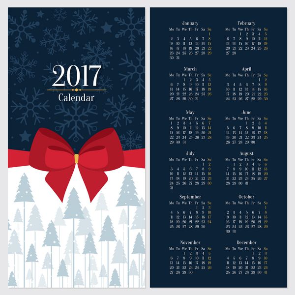 وکتور الگوی تقویم 2017 با کمان قرمز و درخت کریسمس