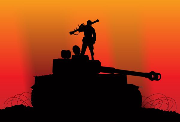 پیروزی تصویر یک سرباز روی تانک نابود شده دشمن
