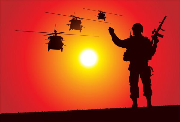 سرباز با هلیکوپتر در پس زمینه