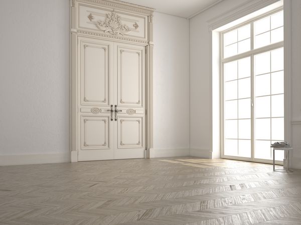 اتاق سفید کلاسیک با پنجره و چشم انداز