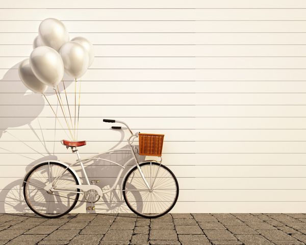 دوچرخه رترو سفید با سبد و بادکنک در مقابل دیوار سفید پس زمینه تصویر سه بعدی