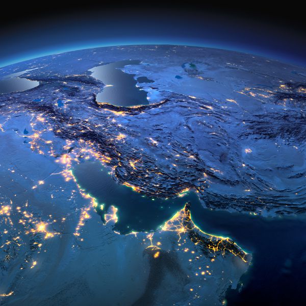 سیاره شبانه زمین با نقش برجسته دقیق و چراغ های شهر که با نور ماه روشن می شوند خلیج فارس عناصر این تصویر ارائه شده توسط ناسا