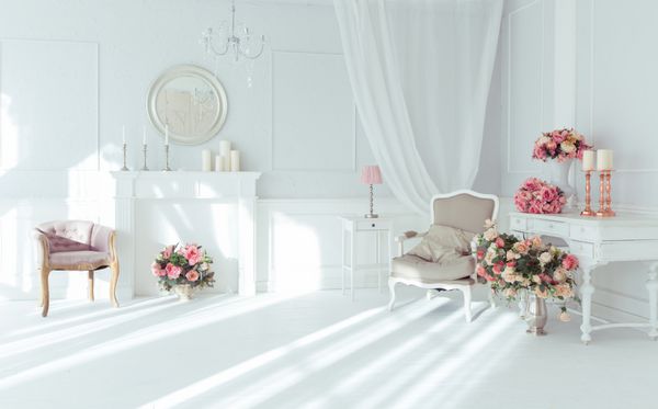 لوکس و تمیز داخلی سفید روشن یک اتاق بزرگ با نور خورشید و گل در گلدان